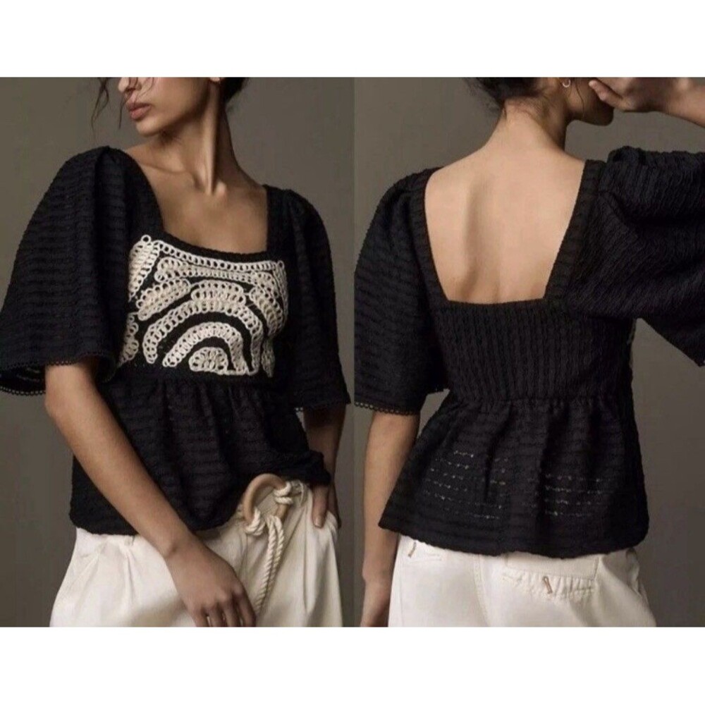 SARAH HANN x ANTHROPOLOGIE Black Flutter-Sleeve Crochet Babydoll Top Medium BOHO